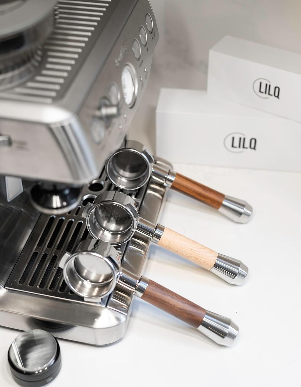 LILQ 54mm Spouted Portafilter Compatible with Breville Barista Express, Barista Pro, Bambino, and More – 18-20g basket included (WalnutV2Fusion, 54mm Double Spouts)