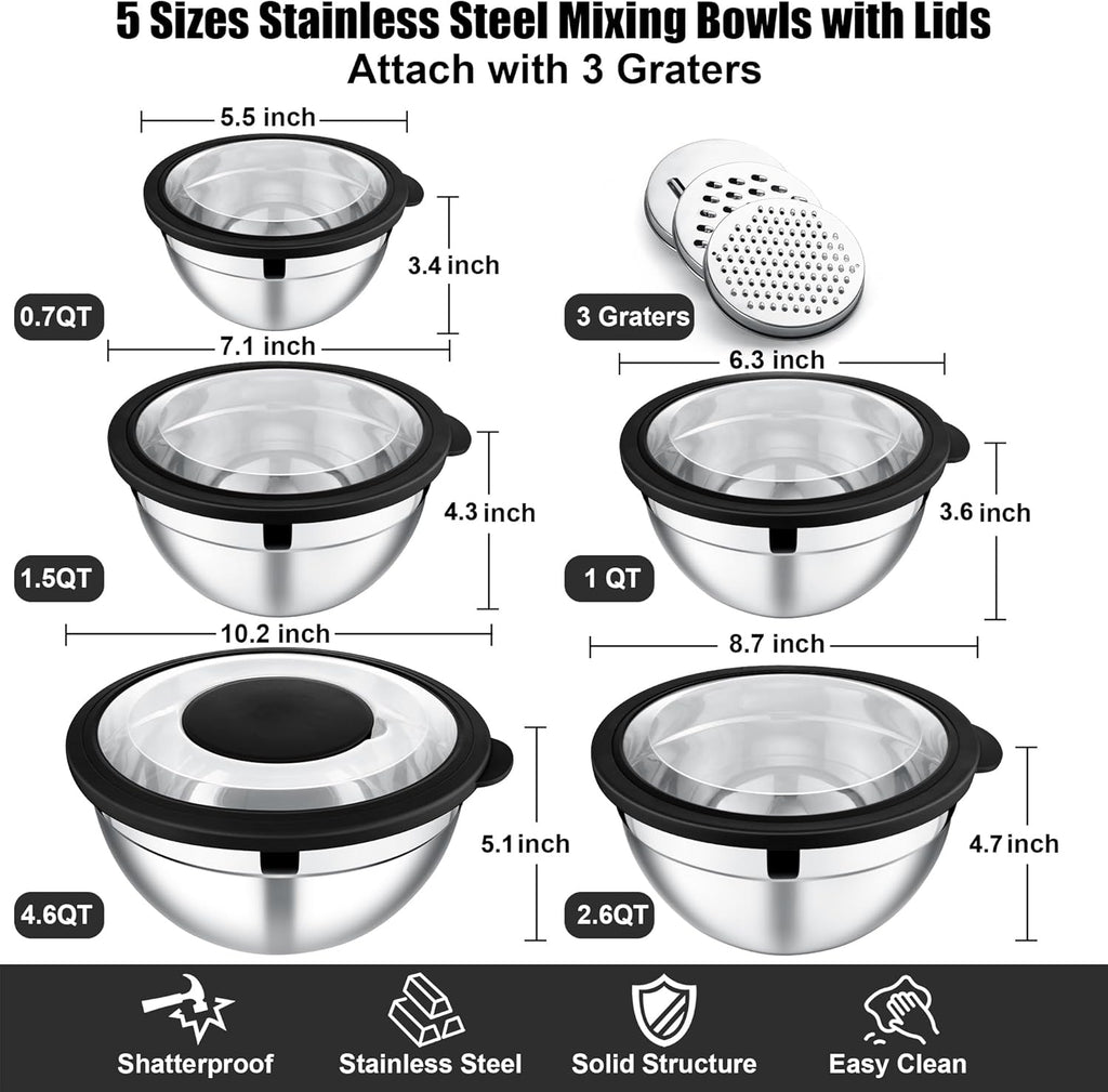 E-far Mixing Bowls Set of 5, Stainless Steel Salad Mixing Bowl with Transparent Lid, Metal Nesting Bowl Attach with 3 Graters for Kitchen Prepping/Serving/Baking/Storage, 4.6/2.6/1.5/1/0.7 QT - Black