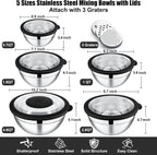 E-far Mixing Bowls Set of 5, Stainless Steel Salad Mixing Bowl with Transparent Lid, Metal Nesting Bowl Attach with 3 Graters for Kitchen Prepping/Serving/Baking/Storage, 4.6/2.6/1.5/1/0.7 QT - Black