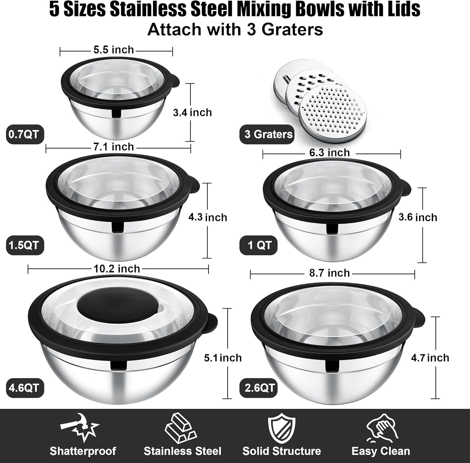 E-far Mixing Bowls Set of 5, Stainless Steel Salad Mixing Bowl with Transparent Lid, Metal Nesting Bowl Attach with 3 Graters for Kitchen Prepping/Serving/Baking/Storage, 4.6/2.6/1.5/1/0.7 QT - Black