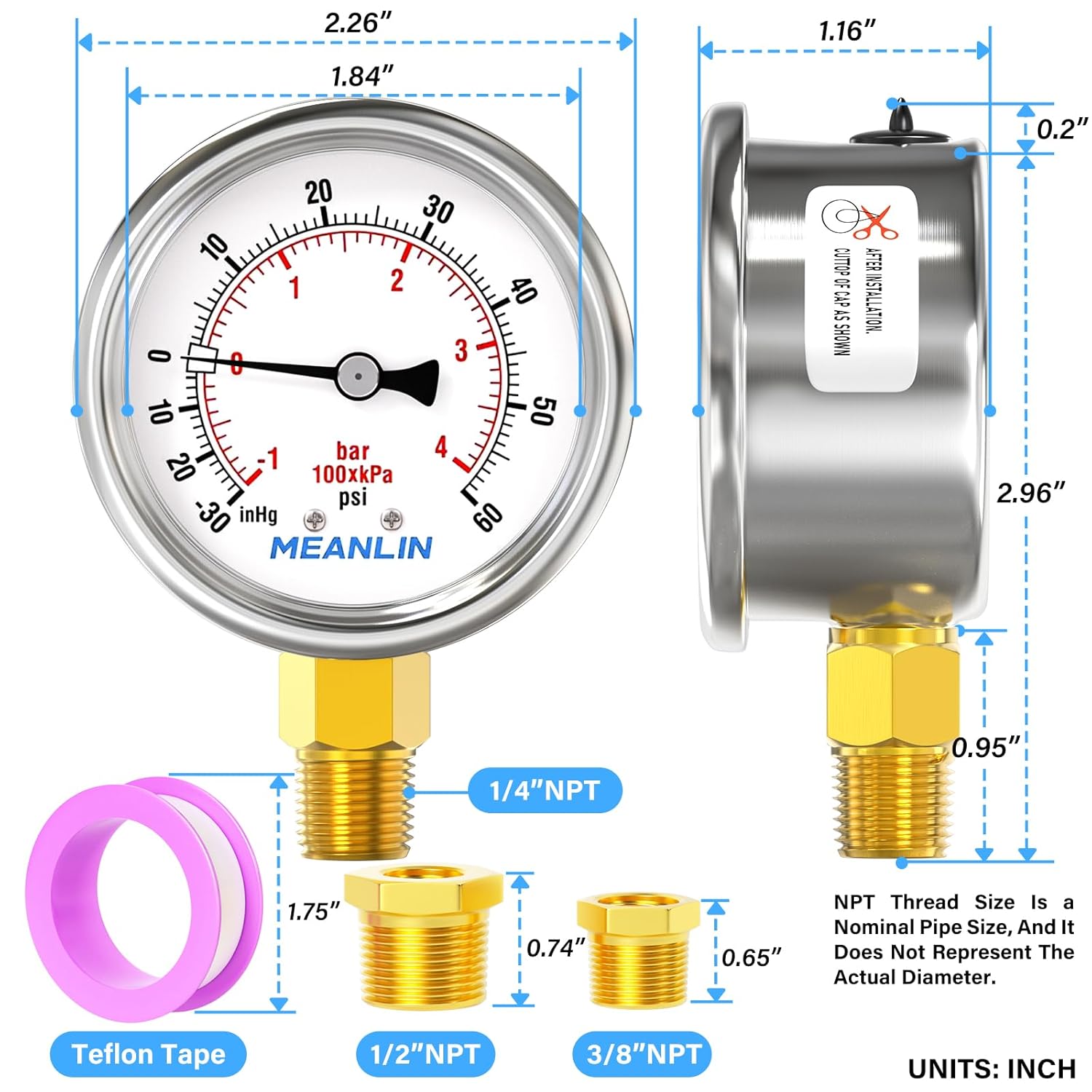 MEANLIN MEASURE -30inHG~60Psi Vacuum Gauge Stainless Steel 1/4" NPT 2" FACE DIAL Waterproof for Air Compressor HVAC Negative Pressure Hand Pump Pool Lower Mount, with 1/2" NPT and 3/8" NPT Hex Bushing