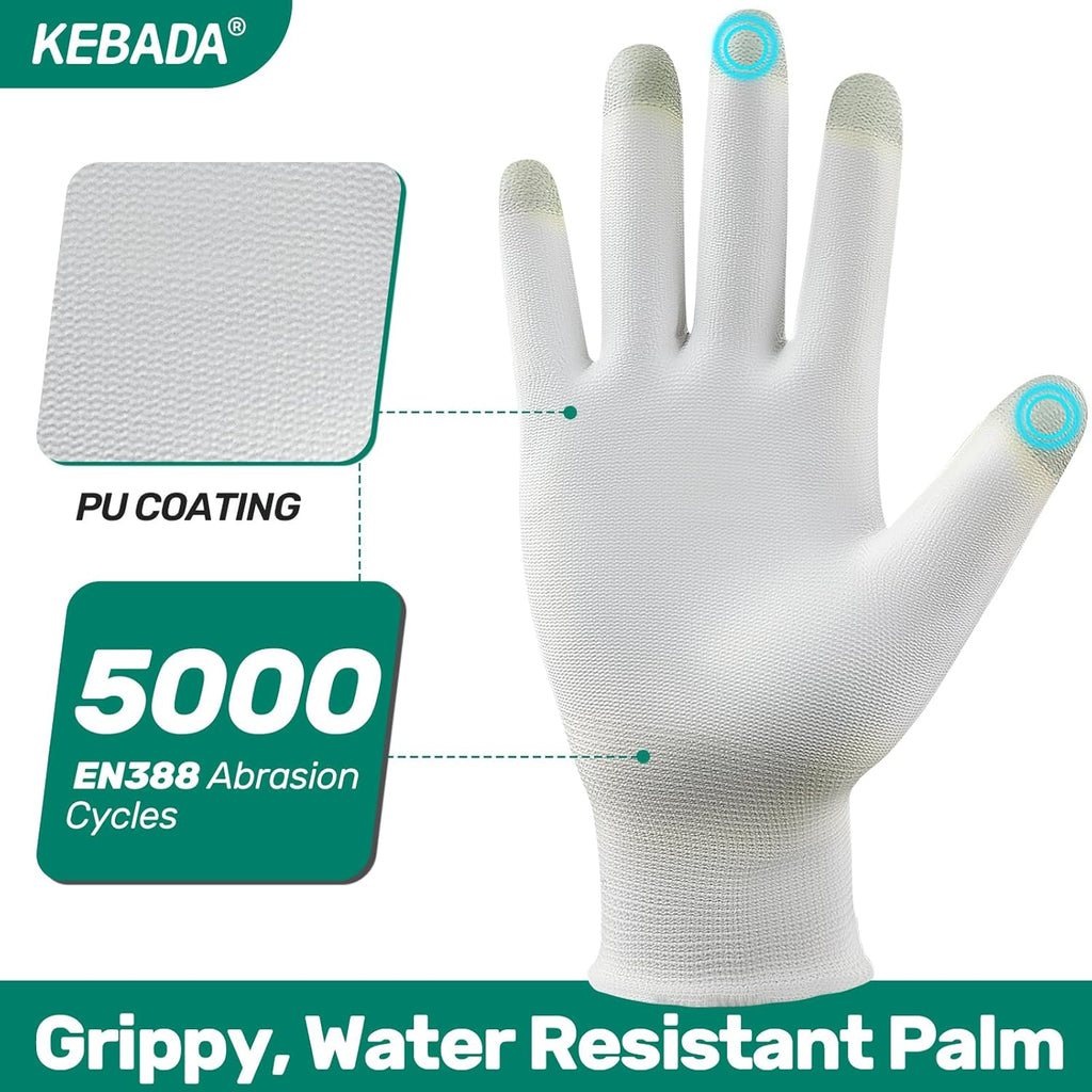 Kebada W1 Work Gloves for Men and Women, PU Coated Safety Gloves with Grip, Touchscreen, Ideal for Warehouse Package Handling, Construction, Gardening, White Medium
