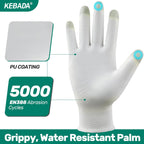Kebada W1 Work Gloves for Men and Women, PU Coated Safety Gloves with Grip, Touchscreen, Ideal for Warehouse Package Handling, Construction, Gardening, White Medium