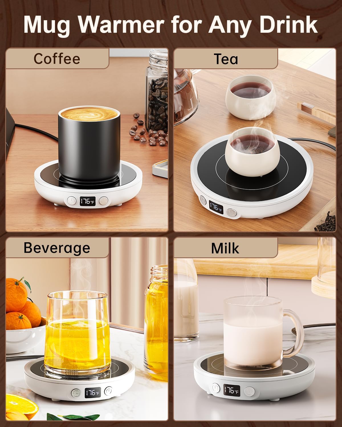 SWEETFULL Mug Warmer - Upgraded 36W Coffee Cup Warmer for Desk with 130℉-176℉ Digital Display, 2-12H Timer Auto Shut Off, Smart Electric Coffee Heating Plate, Ideal Gifts for Women Men - White
