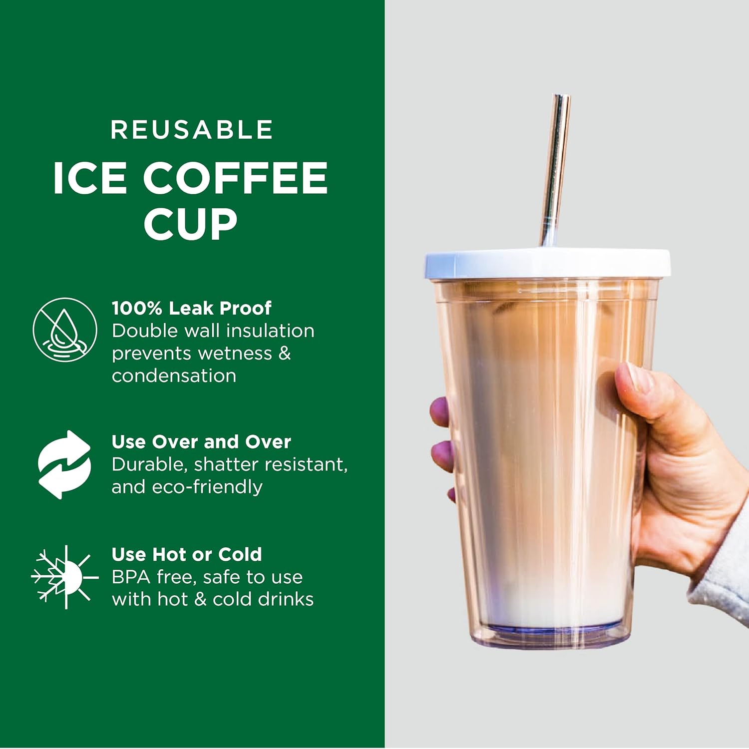 Reusable Iced Coffee Cup (16 Oz/Grande), Leak Proof and Double Wall Insulated Iced Coffee Tumbler, Come with Reusable Plastic and Metal Straws and Straw Cleaner