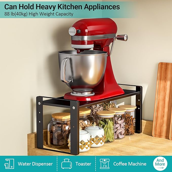 2 Pack Expandable Cabinet Organizer Shelves, 88lbs High Weight Capacity, Stackable Heavy-Duty Metal Storage Rack, Adjustable Cabinet Shelf for Kitchen, Pantry, Cupboard, Under Sink, Black