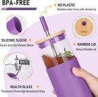 Glass Tumbler w/Lids & Straw: 24 oz Reusable Glass Cup w/Bamboo Lid, Stainless Steel Straws, BPA-Free, Leak-Proof, Dishwasher Safe for Coffee/Smoothies/Hot Beverage, Travel/Office/Home Use, 2-Pk