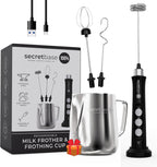 Secretbase 3 Speed Rechargeable Milk Frother and Cup Set, Cordless USB Charging Cradle - Handheld Milk Frother, Double-thickness Whisk, Tiny Egg Beater, Mini Electric Coffee Stirrer(Black)