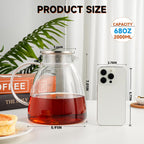 68OZ/2000ML One Touch Glass Teapot with Stainless Steel Filter Lid, Stovetop & Microwave Safe Tea Maker Water Kettle, Strainer & Cover 2 in 1 Loose Leaf Tea Steeper Pot Coffee Carafe