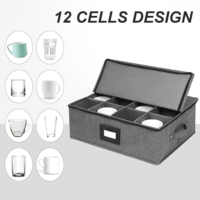 Mug Storage Box with Dividers, China Storage Containers for Tea Cups and Coffee Mugs with Zipper Lid and Rivet Reinforced Handles, Hard Shell and Stackable (Black)