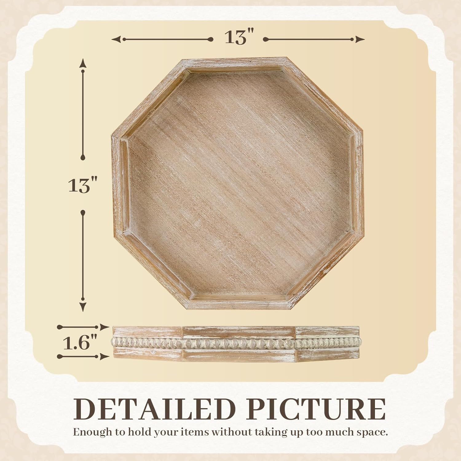 Wooden Decorative Tray, Small Serving Tray with Wood Bead, Farmhouse Big Tray for Ottoman, Countertop, Coffee Tabl, 13" x 13"x 1.6" (White Washed)