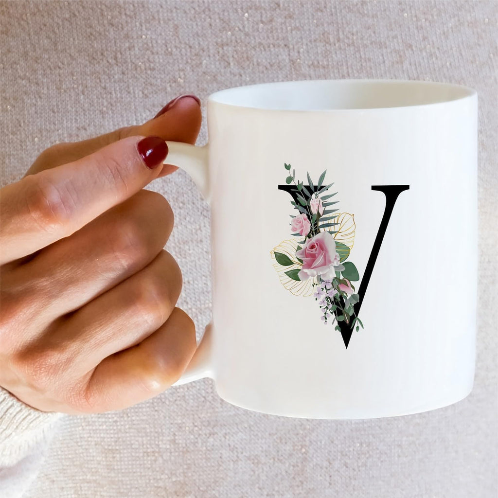 Retreez Initial A-Z Floral Botanical Bouquet Alphabet Monogrammed Monogram Mug 11 Oz Ceramic Tea Coffee Mugs - Appreciation Thank You Wedding Birthday Gifts for her friend coworker sister - V Initial