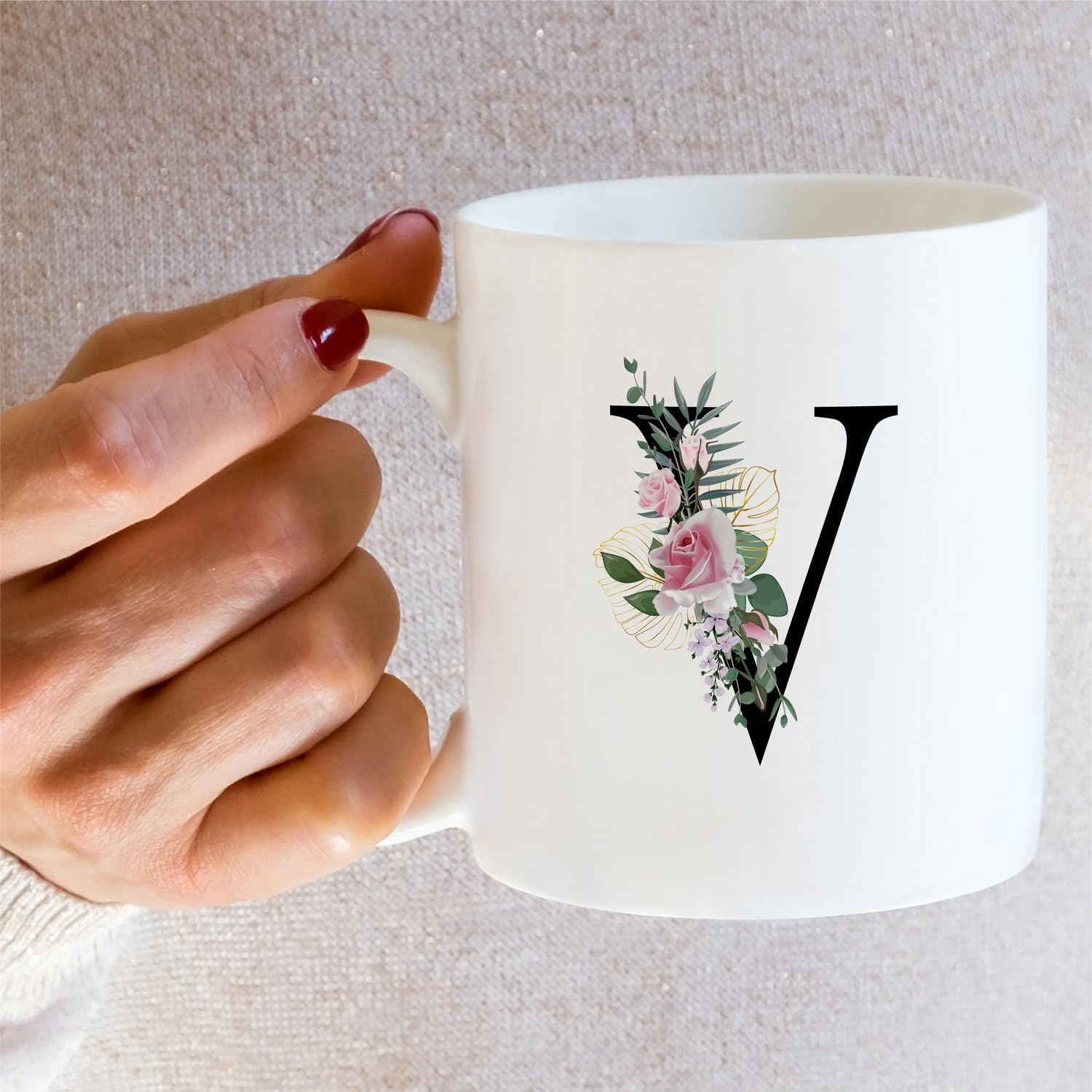 Retreez Initial A-Z Floral Botanical Bouquet Alphabet Monogrammed Monogram Mug 11 Oz Ceramic Tea Coffee Mugs - Appreciation Thank You Wedding Birthday Gifts for her friend coworker sister - V Initial