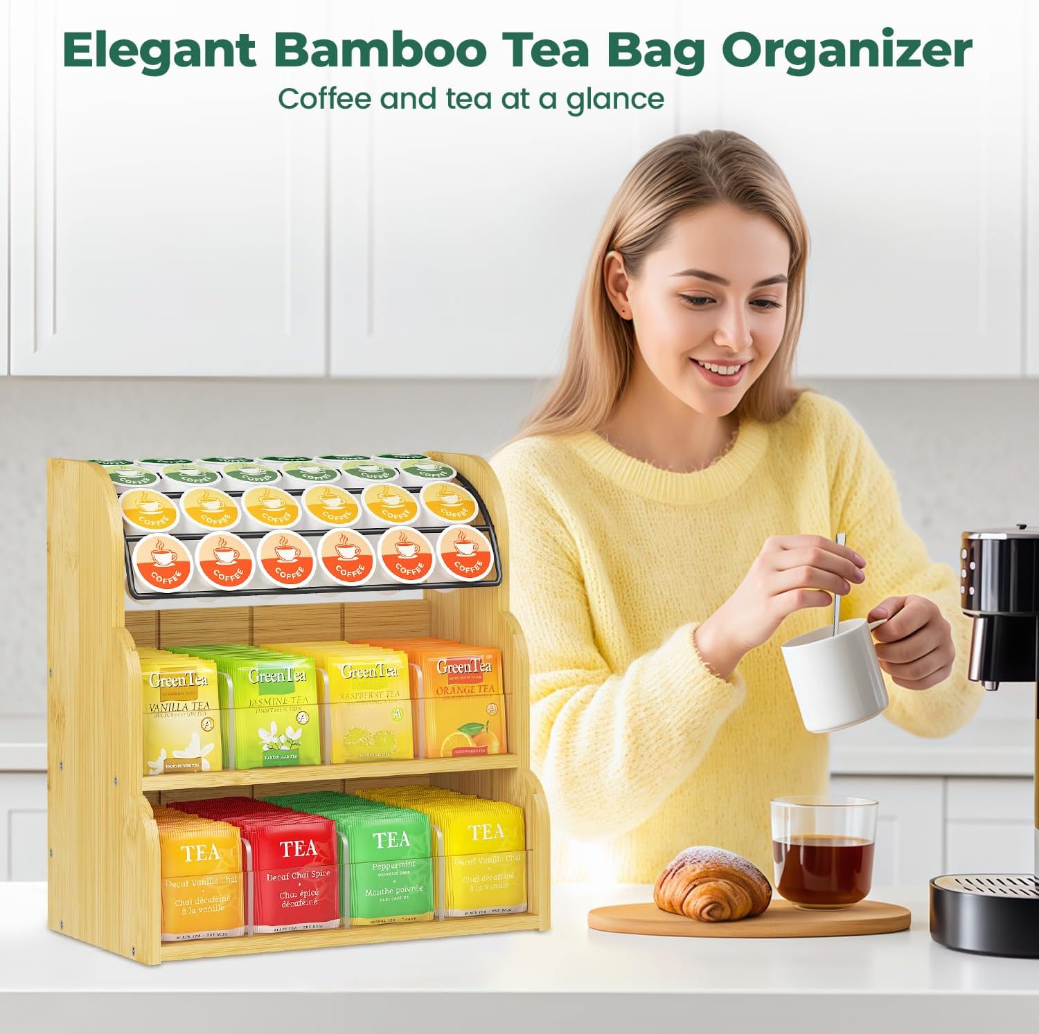 EsLuker.ly Tea Bag Holder Coffee Pod Organizer for Countertop Cabinet, Bamboo 3 Tier Teabag Packet Display Shelf and K Cups Rack Stand for Tea Bar & Coffee Station Storage, Save Space Elegantly
