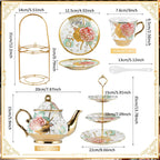 Maxcheck 21 Pcs Tea Party Set for Adults European Floral Tea Set with Metal Holder and 3 Tier Ceramic Cake Stand Porcelain Flower Cup Teapot for Dessert Cupcake(Elegant Style)