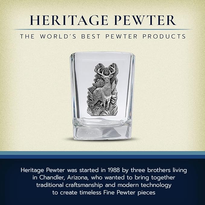 Heritage Pewter Whitetail Deer Square Shot Glass | Hand-Sculpted 1.5 Ounce Shot Glass | Intricately Crafted Metal Pewter Inlay