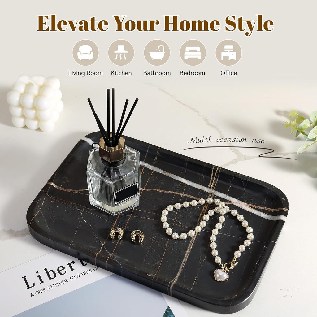Koville Marble Tray, 12"x8" Marble Vanity Tray for Bathroom Kitchen Countertop, Rectangular Stone Tray for Cosmetics Perfume Trinket, Decorative Catchall Trays (Black)