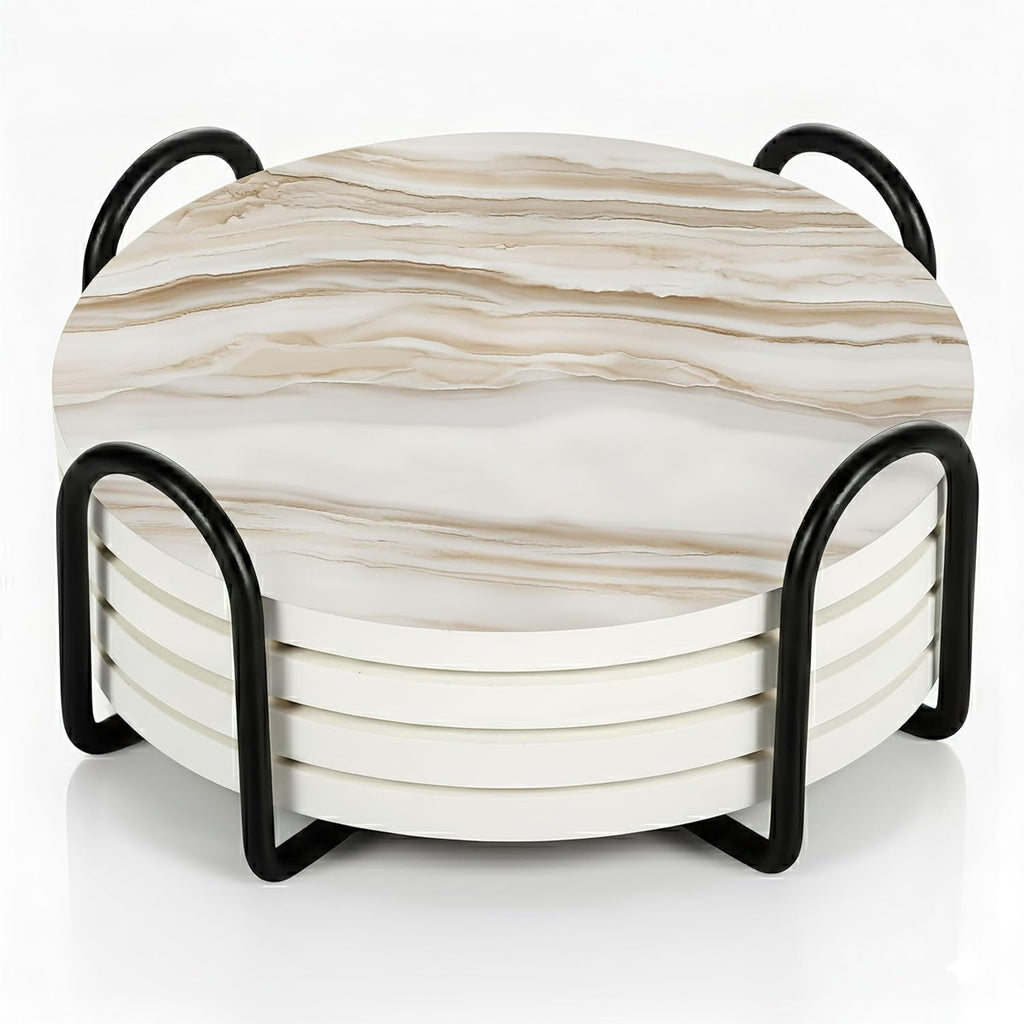 VEYRO Coasters Set of 4 for Drinks – Absorbent Ceramic Stone Drink Coasters with Cork Backing for Coffee Table & Desk, Modern Marble Look Cup Coaster Set, Housewarming Gift for New Home