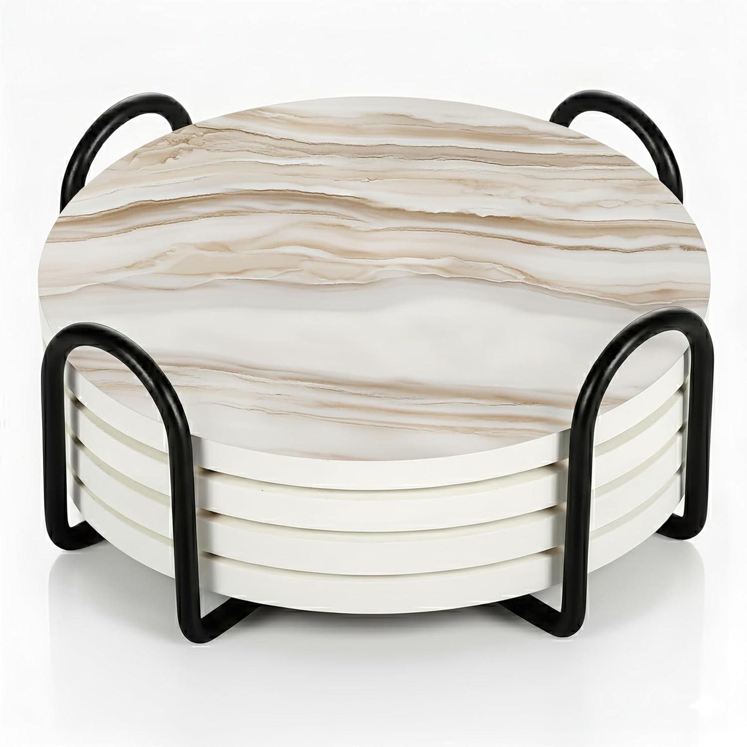 VEYRO Coasters Set of 4 for Drinks – Absorbent Ceramic Stone Drink Coasters with Cork Backing for Coffee Table & Desk, Modern Marble Look Cup Coaster Set, Housewarming Gift for New Home