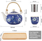Japanese Tea Set, 25 oz Ceramic Tea Sets with Teapot and Cup Set for 4, Blue and White Tea Sets for Adults with Removable Stainless Infuser and Bamboo Tray, Tea Gifts Set for Tea Lovers