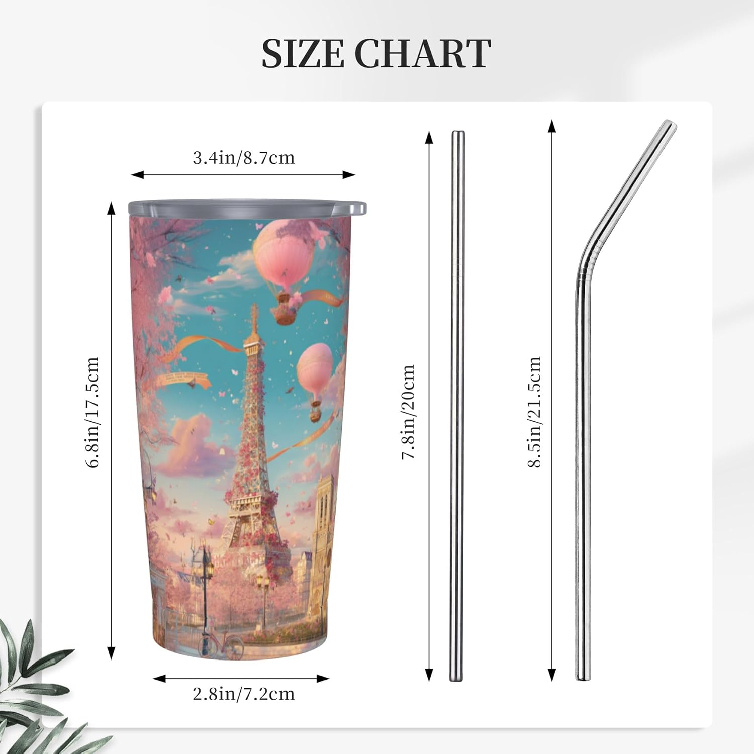 Paris Eiffel Tower Tumbler with Lid and Straw 20oz Coffee Tumblers Leakproof Stainless Steel Travel Mug Vacuum Insulated Cup for Iced and Hot