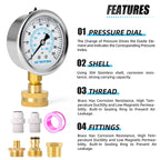 MEANLIN MEASURE 0~200Psi Stainless Steel Frame 3/4" Female Liquid Filled Pressure Gauge kit Plus 5 adapters, 2.5" FACE DIAL Multi-Purpose Pressure Gauge kit, Suitable for Gardens, Water Pipes, etc