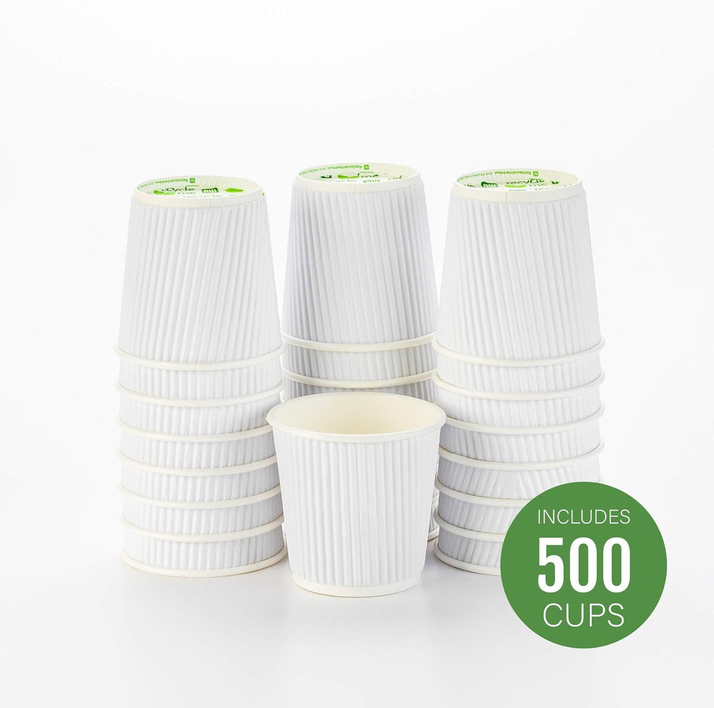 500-CT Disposable White 4-OZ Hot Beverage Cups with Ripple Wall Design: No Need for Sleeves - Perfect for Cafes - Eco-Friendly Recyclable Paper - Insulated - Wholesale Takeout Coffee Cup