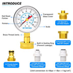 MEANLIN MEASURE 0~100Psi 3/4" Female Water Pressure kit Plus 5 adapters, 2.5" FACE DIAL Multi-Purpose Pressure Gauge kit with Red Indicator Hands, Hydraulic Tester Suitable for Gardens, Water Pipes
