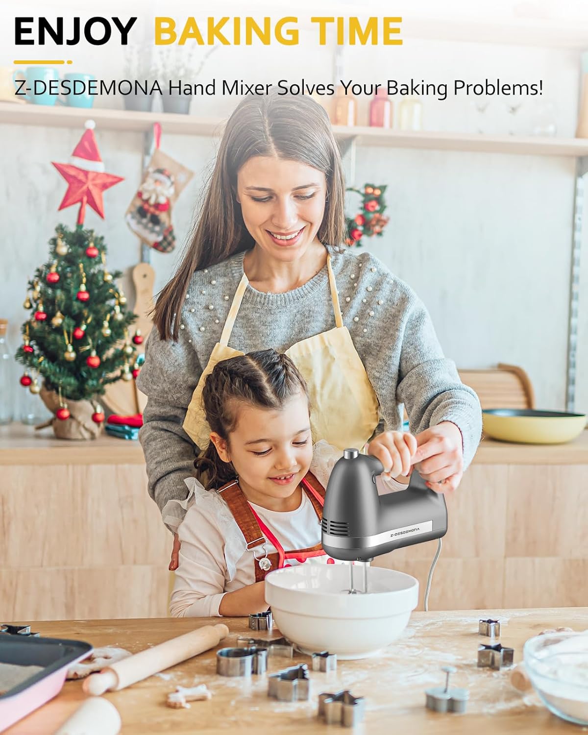 Electric Hand Mixer, Powerful Hand Mixer Electric Handheld with 304 Beaters, Dough Hook,Hand Held Mixer with Turbo for Baking Cakes, Eggs, Cream Food(Grey)