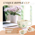 Vesici 2 Pcs Ceramic Coffee Mugs Flower Cups with Spoon Vintage Floral Mugs with Handle 8.5 oz Aesthetic Tea Porcelain Cup Gift for Valentine Office Home, Dishwasher and Microwave Safe(Cute)