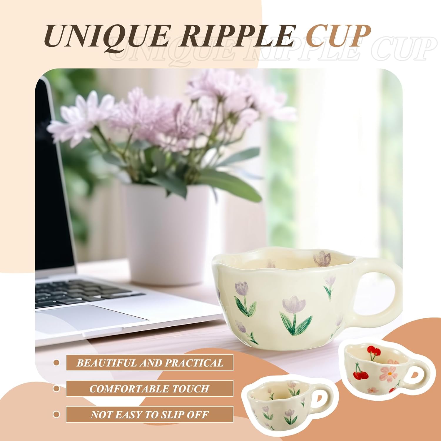 Vesici 2 Pcs Ceramic Coffee Mugs Flower Cups with Spoon Vintage Floral Mugs with Handle 8.5 oz Aesthetic Tea Porcelain Cup Gift for Valentine Office Home, Dishwasher and Microwave Safe(Cute)