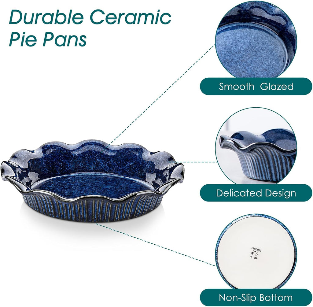 vancasso Stern Ceramic Pie Pan for Baking, 9 inch Pie Plates for Apple Pie and Quiche, Deep Pie Dish, Large Pot Pies, Thanksgiving Gifts for Women -Blue
