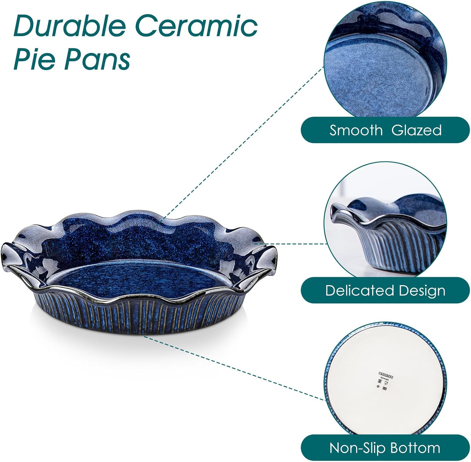 vancasso Stern Ceramic Pie Pan, 9 inch Pie Pans with Ruffled Edge, Deep Pie Dishes for Baking, Round Pie Plates for Apple, Quiche, Pot Pies, Tart, Oven & Dishwasher Safe, Set of 2, Blue