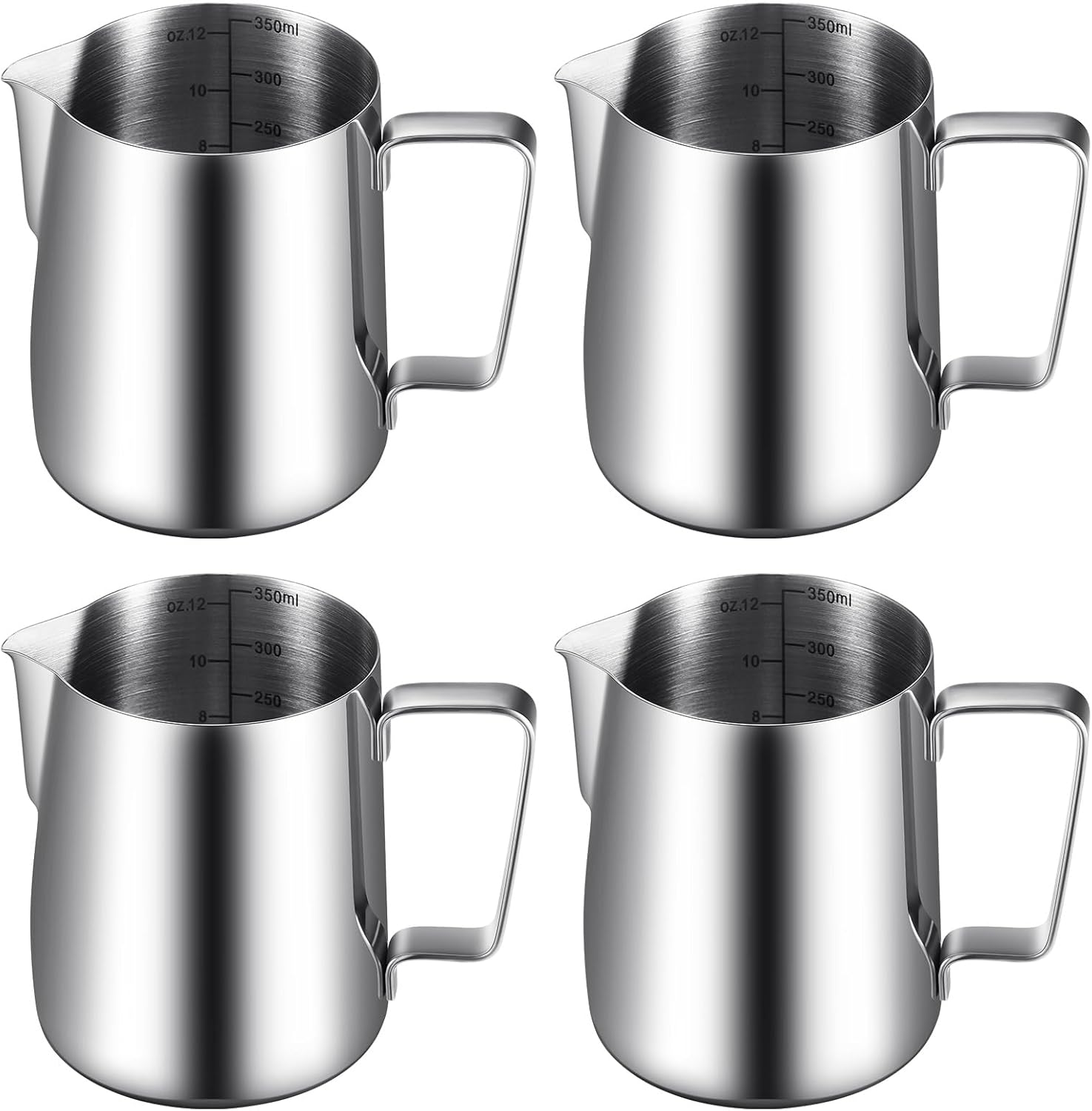 Dandat 4 Pcs Milk Frothing Pitcher Espresso Steaming Pitchers 12 Oz Stainless Steel Milk Steamer Cup Frother Jug for Espresso, Latte Art, Chai Cappuccino Hot Chocolate