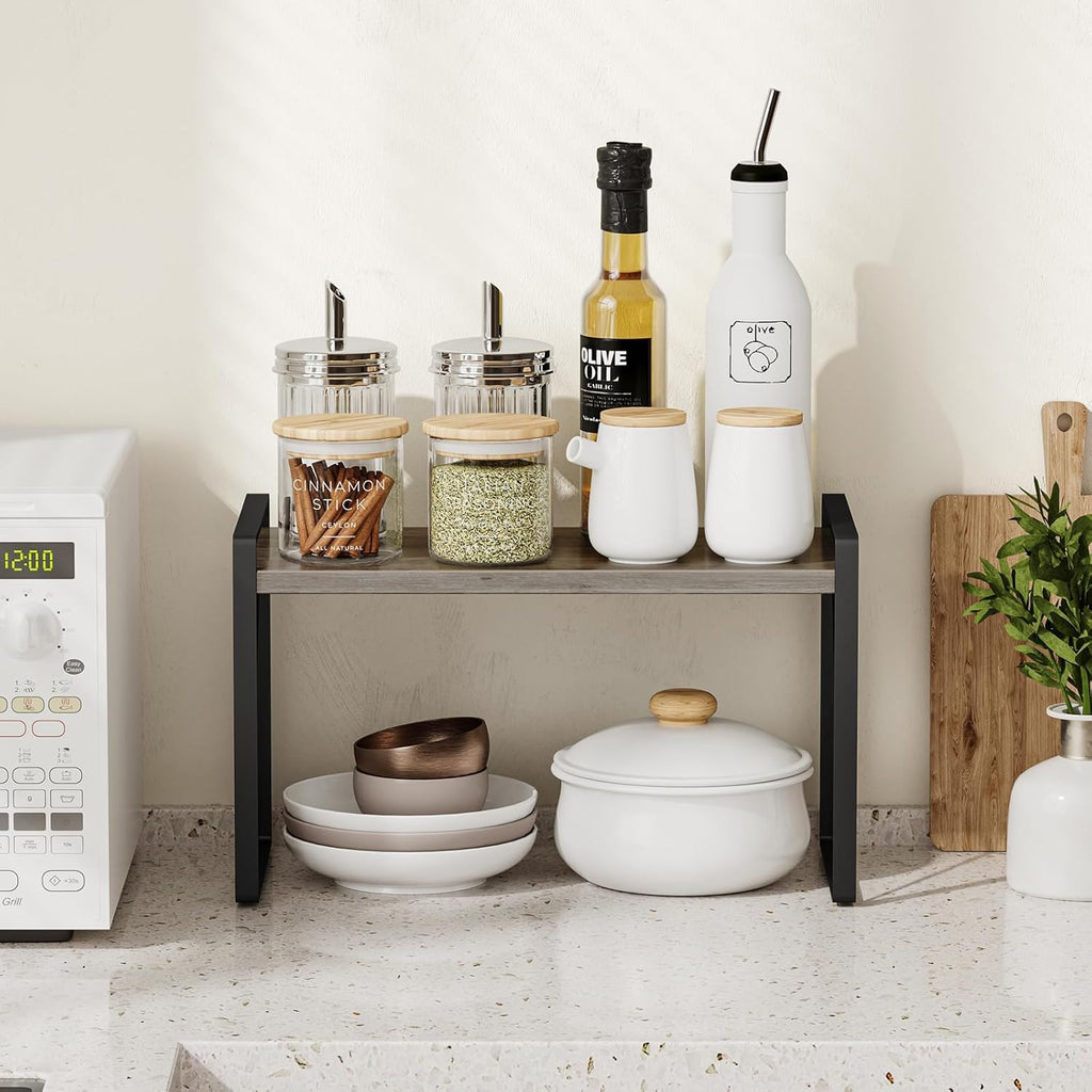 Giikin Kitchen Countertop Organizer, Wood Desk Shelf Riser, Gray Spice Rack for Kitchen Counter, Countertop, Cabinet (15.7 Inches, Gray)