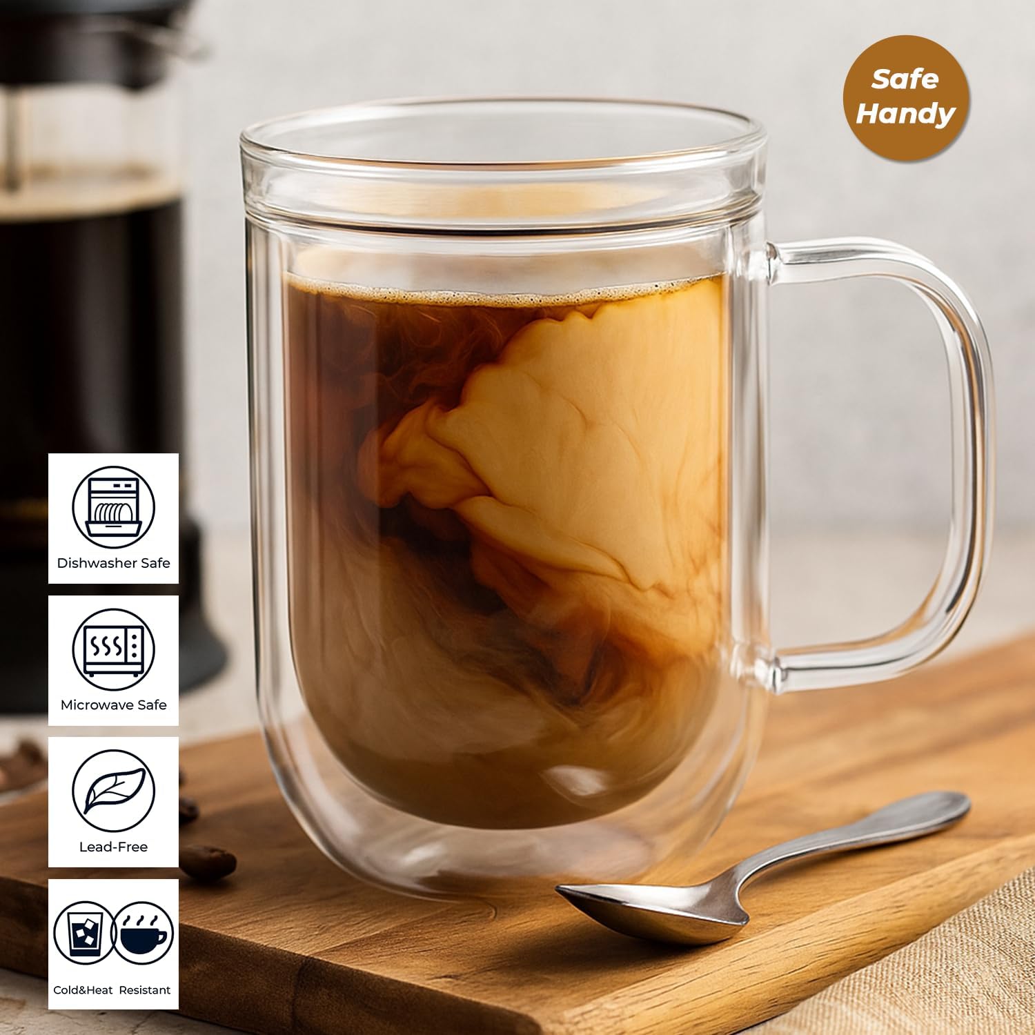 Aquach 16 Oz Double Walled Glass Coffee Mugs, Clear Glass Coffee Tea Cups, Microwave and Dishwasher Safe Home Office Insulated Glass Cups Perfect for Americano Latte Hot&Cold Beverages, 2-Pack