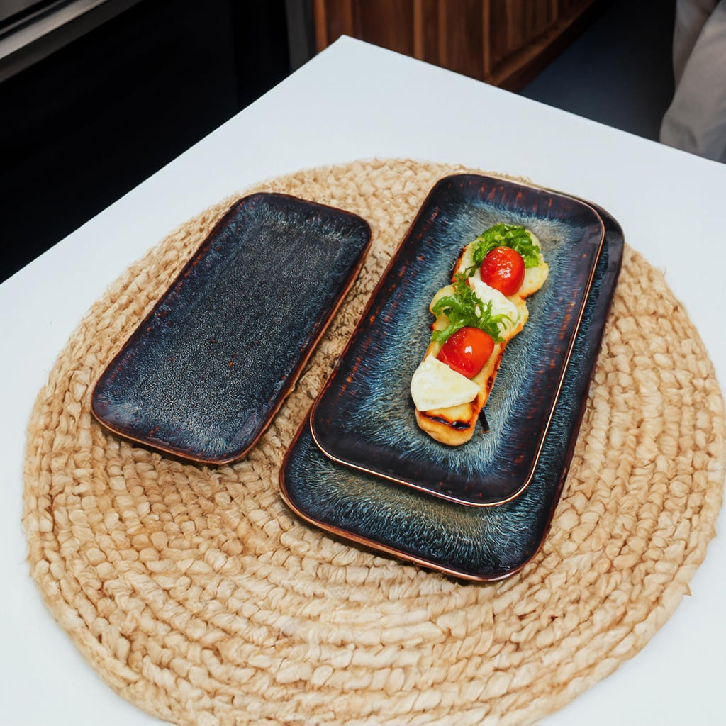 Porcelain Dinner Plates Platters Set of 2, for Fruit, dessert, snack platter, Bread, cupcake, Salad - Microwave, Dishwasher Safe, Scratch Resistant durable, Black Reactive glaze