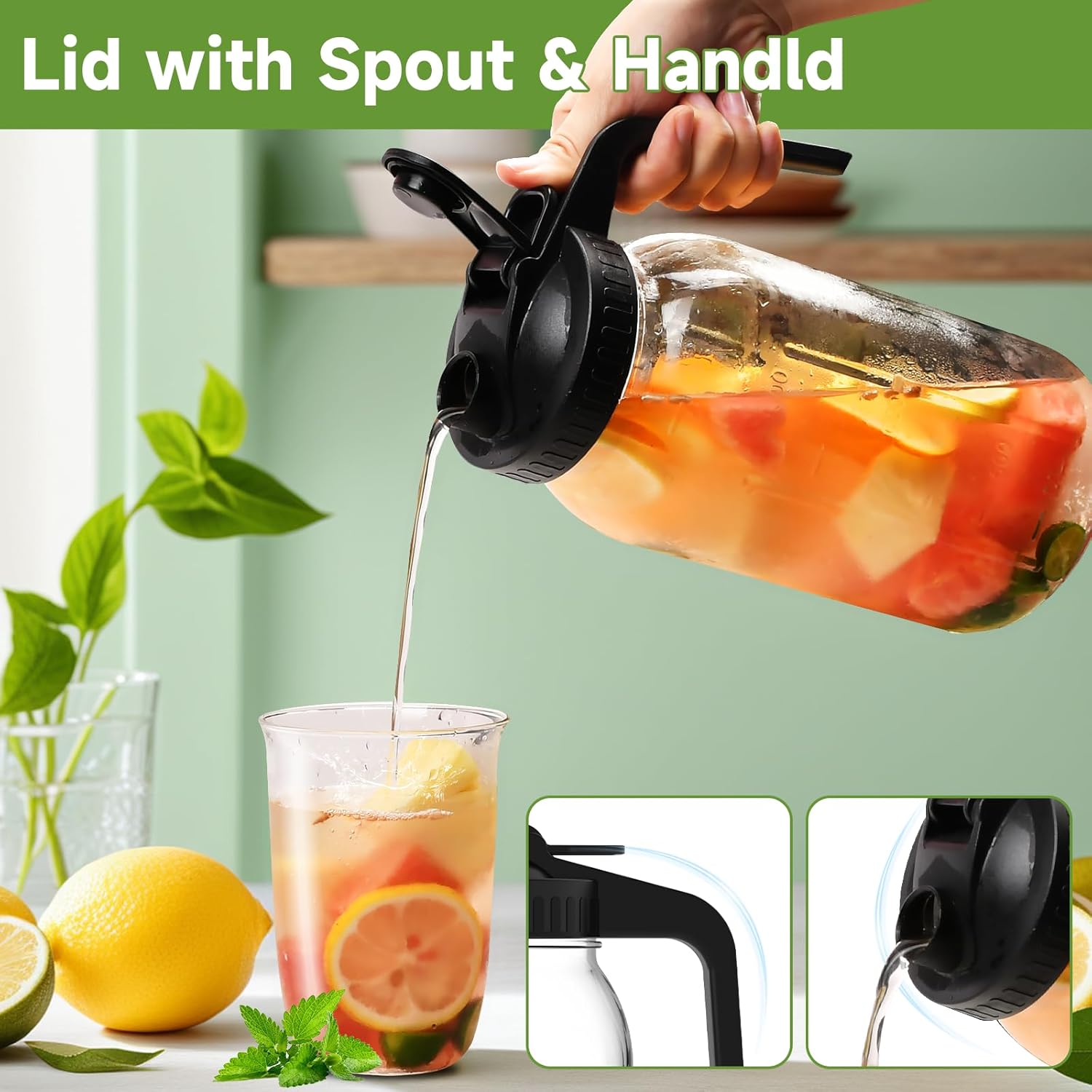 3-Pack 64oz Glass Mason Jar Pitchers with Leak-Proof Lids and Handles – Wide Mouth Design for Sun Tea, Cold Brew, Lemonade, Juice, Iced Tea, and Water