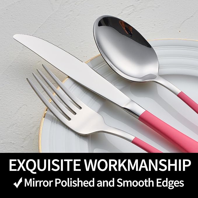 20-Pieces Pink Silverware Sets for 4,Pink Handle Stainless Steel Cutlery Set, Include Forks Spoons and Knives Set, Dishwasher Safe Utensil Sets for Home Restaurant