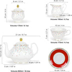 fanquare 21-Piece Red English Porcelain Tea Sets, 6 Cups and Saucers, Colorful Sprinkle Sugar Bone China Tea Set for Afternoon Tea Party, Birthday, Celebrations
