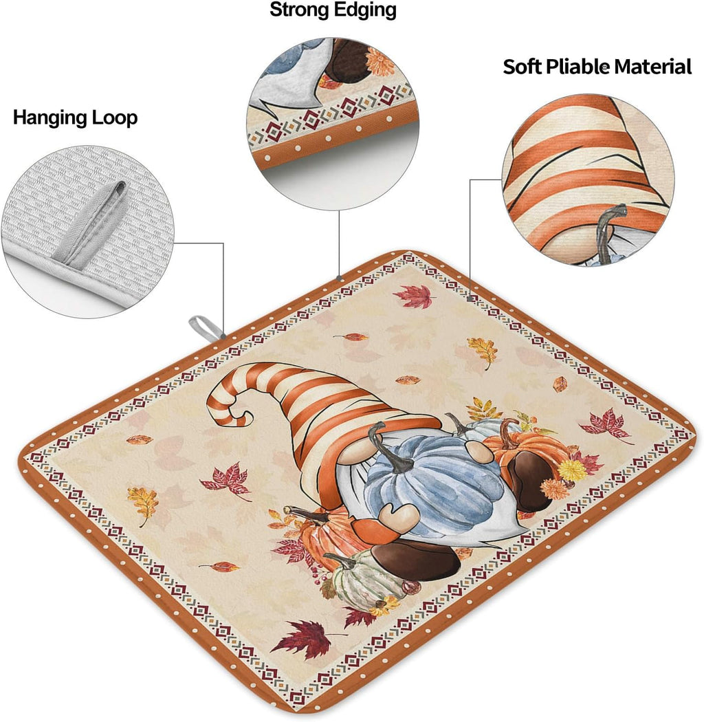 Fall Dish Drying Mat for Kitchen Counter Pumpkin Gnome Drying Pad Absorbent Drying Mats for Countertops Sinks Draining Racks Autumn Maple Leaves Drainer Holiday Harvest Thanksgiving Decorations 18x24