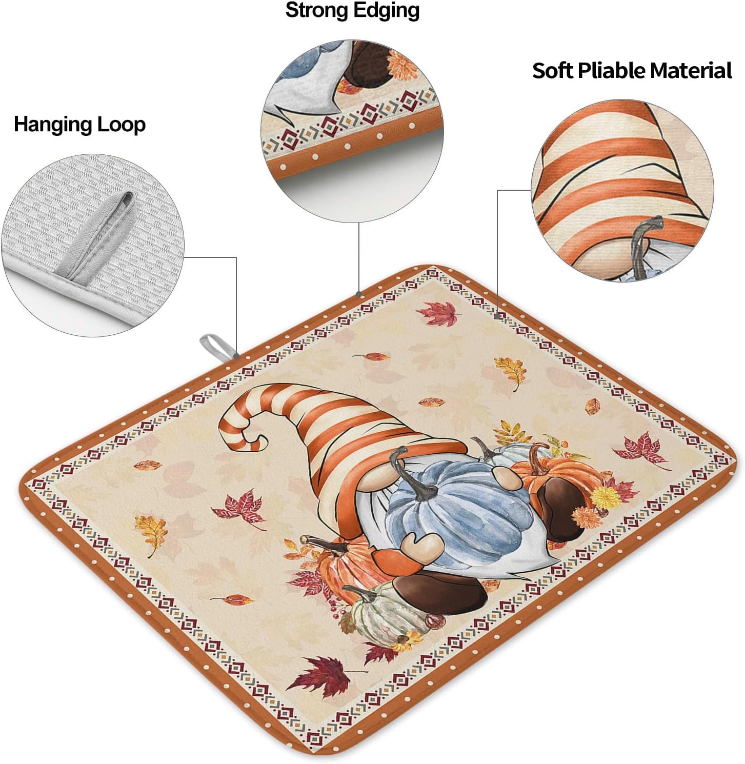 Fall Dish Drying Mat for Kitchen Counter Pumpkin Gnome Drying Pad Absorbent Drying Mats for Countertops Sinks Draining Racks Autumn Maple Leaves Drainer Holiday Harvest Thanksgiving Decorations 16x18