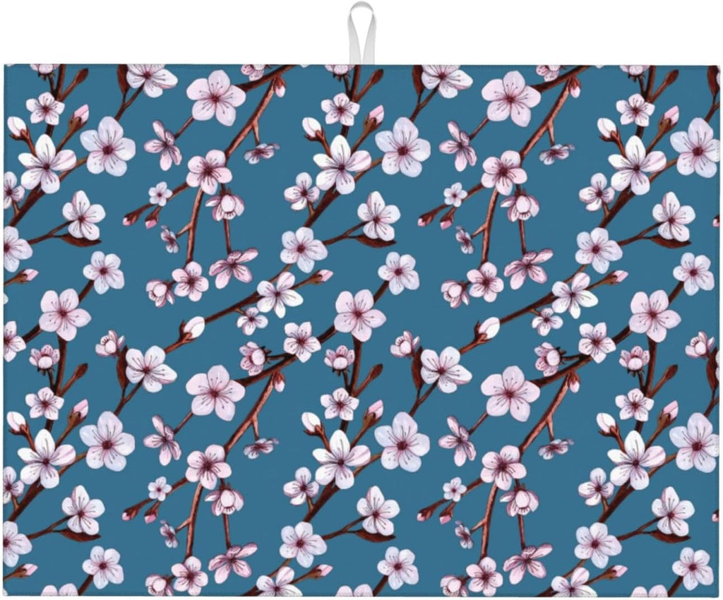 Cherry Blossom Dish Drying Mat, Branch Floral Microfiber Absorbent Drying Mats Reversible Kitchen Countertop Protector Dishes Drainer Rack Pad 18x24 Inch (Blue)