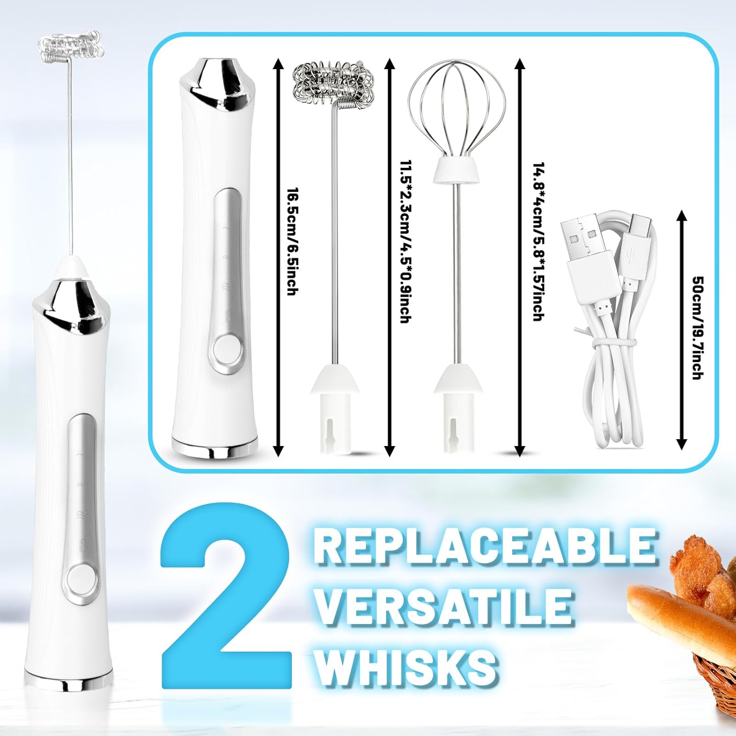 Tonjin Milk Frother with USB-C Rechargeable Wand & 2 Stainless Whisks, Upgraded 3 Speeds Electric Drink Mixer for Coffee, Egg, Matcha