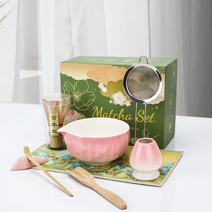 8PCS Matcha Whisk Set, Ceramic Matcha Kit Set Includes Bowl with Spout, Bamboo Spoon, Whisk, Holder, Sifter, Tea Cloth, Scoop and Scoop Stand (Hammered Gradient Pink and White)