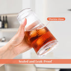 20 oz Tumblers with Lids and Straws, Ribbed Glass Set of 4-Clear Ice Coffee Cups Ideal for Smoothies, Juice, Boba & Cold Beverages, Durable reusable Glassware，Drinking Glasses with 1 Brush