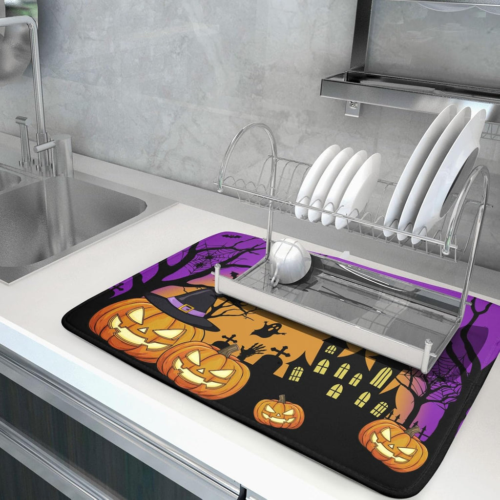 Happy Halloween Pumpkin Dish Drying Mat for Kitchen Counter,Witch Ghost Castle Bat Purple Drying Mat 18 x 24 Inch with High Absorbent Microfiber Drainer Mat for Coffee Bar