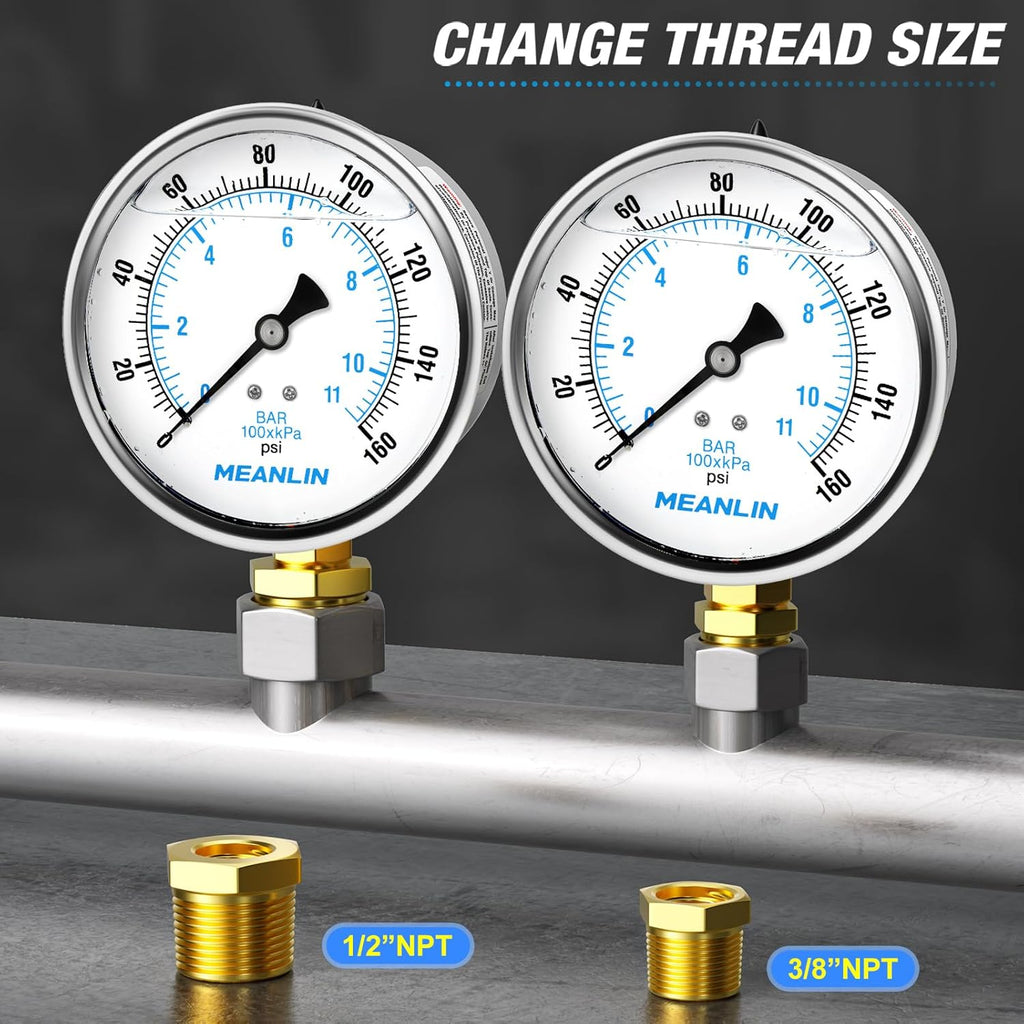 MEANLIN MEASURE 0~160Psi Stainless Steel 1/4" NPT 4" FACE DIAL Liquid Filled Pressure Gauge WOG Water Oil Air Lower Mount, with 1/4" x 1/2" NPT and 1/4" x 3/8" NPT Hex Bushing