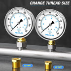 MEANLIN MEASURE 0~160Psi Stainless Steel 1/4" NPT 4" FACE DIAL Liquid Filled Pressure Gauge WOG Water Oil Air Lower Mount, with 1/4" x 1/2" NPT and 1/4" x 3/8" NPT Hex Bushing