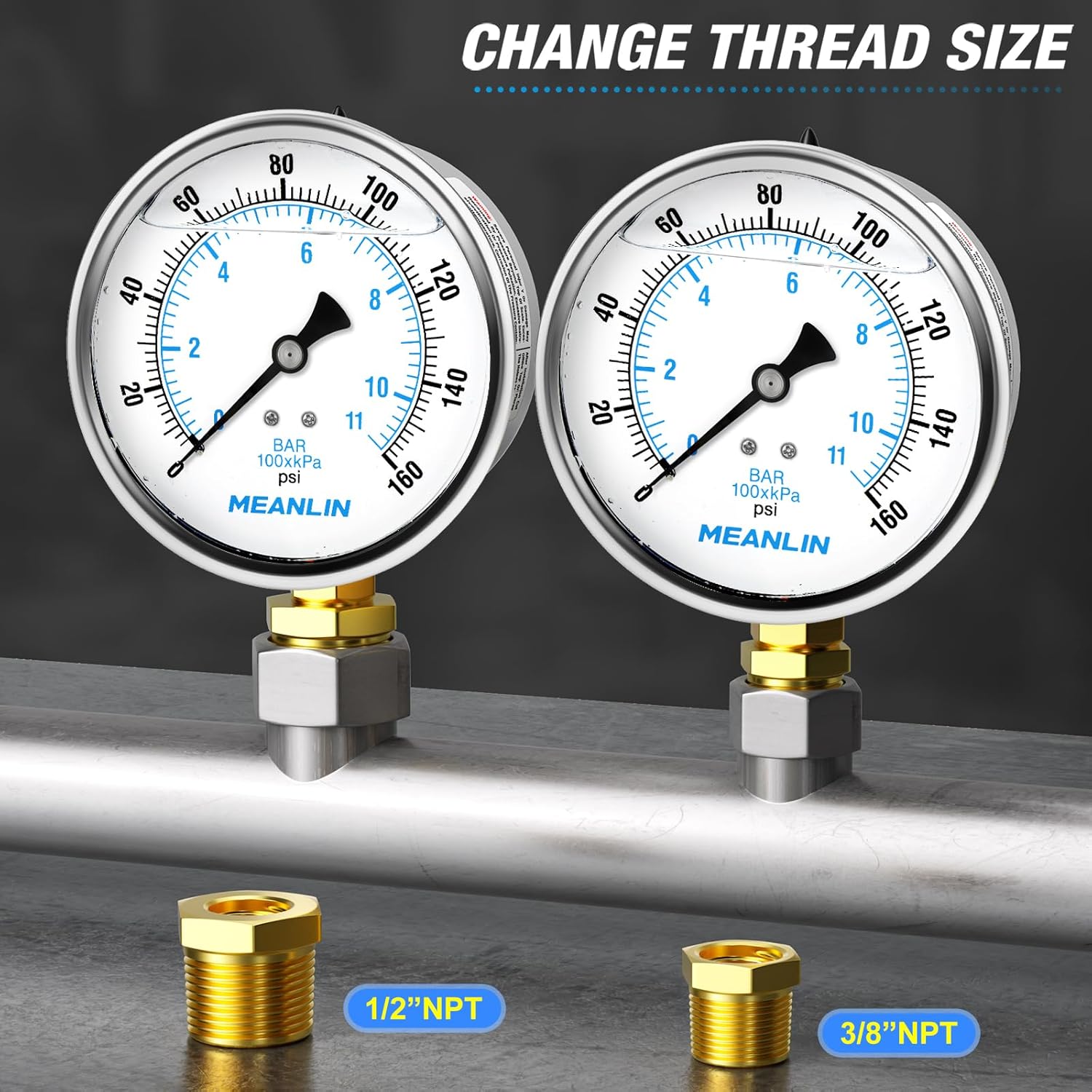 MEANLIN MEASURE 0~160Psi Stainless Steel 1/4" NPT 4" FACE DIAL Liquid Filled Pressure Gauge WOG Water Oil Air Lower Mount, with 1/4" x 1/2" NPT and 1/4" x 3/8" NPT Hex Bushing